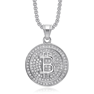 Collier avec pendentif Bitcoin B argenté et glacé avec chaîne box en style mode hip-hop