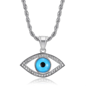 Evil eye pendant necklace in silver stainless steel with blue stone and white rhinestones