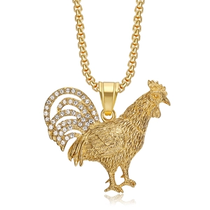 Iced out gold rooster pendant necklace with sparkling rhinestones and box chain jewelry