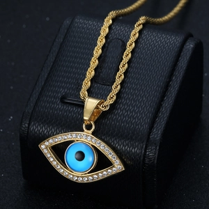 Gold-plated stainless steel Evil Eye pendant necklace with blue crystal and rope chain