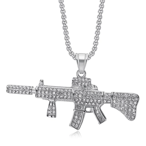 Collier pendentif AK47 hip hop en acier inoxydable argenté avec pierres CZ