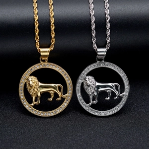 Collar de Colgante de León de Hip Hop Acero Inoxidable Chapado en Oro 18K Diamantes de Imitación Cadena de Cuerda Joyas Hombre