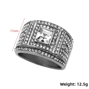 Detail view of 17mm wide men's silver ring with colorful crystals and 12.5g weight