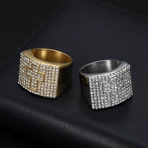 Hip Hop Men Stainless Steel Cross Ring Pave Rhinestone Gold Silver Plated Rectangular Signet Finger Ring Jewelry