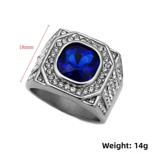 Macro detail of 316 stainless steel ring with square blue gemstone and 18mm width