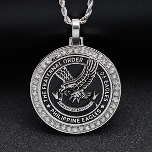 The Fraternal Order of Eagles round stainless steel pendant necklace with rhinestones
