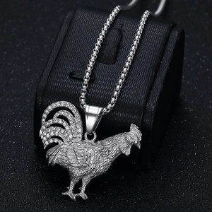 Hip hop style silver rooster pendant necklace with rhinestones and box chain