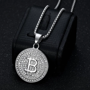 Collier hip hop avec pendentif Bitcoin argenté et strass brillants sur chaîne box