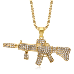 Collier hip-hop pendentif fusil AK47 plaqué or avec strass brillants et chaîne de type box