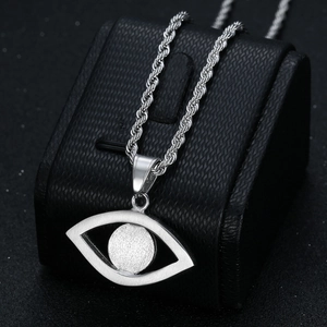 Silver stainless steel Evil Eye pendant necklace with rope chain on black background