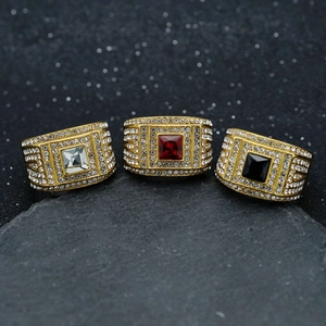 Men's gold 316 stainless steel rings with square-cut colorful crystals and pavé diamonds