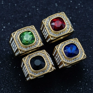Hip Hop Men 316 Stainless Steel Square Gemstone Ring Vintage Luxurious Pave White Rhinestone Geometric Signet Finger Ring