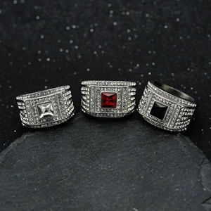 Stainless Steel Hip Hop Ring For Men Square Cut Gemstone Pave Rhinestone Band Luxurious Personalized Fashion Jewelry