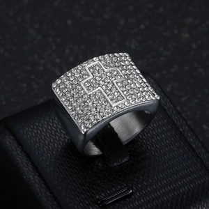 Polished silver stainless steel square ring with a diamond-encrusted cross for men