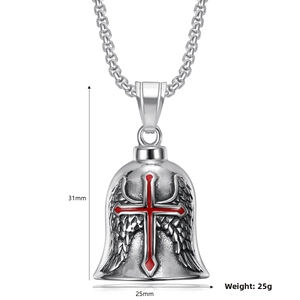 Detail view of steel biker bell pendant with wings and red cross, 31mm x 25mm size