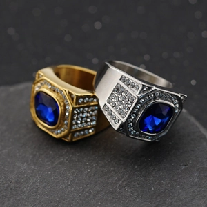 Men's 316 stainless steel signet ring with large blue sapphire and micro pave cz stones
