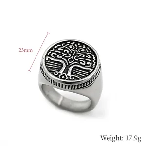 Classic silver Viking Tree of Life signet ring for men with 23mm round embossed surface