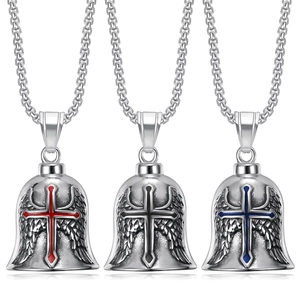 Men's Retro Stainless Steel Angel Wings Cross Bell Pendant Necklace Biker Street Punk Gothic Style Jewelry Gift For Men