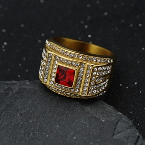 Gold stainless steel men's ring with red square gemstone and pave set diamonds