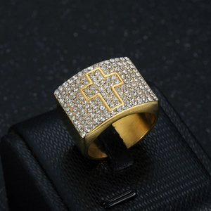 Men's hip hop gold stainless steel ring with full diamonds and cross design