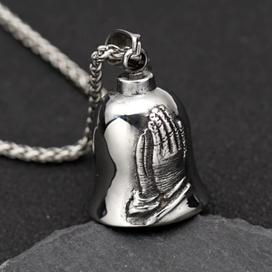 Vintage Punk Stainless Steel Praying Hands Cross Bell Pendant For Men Motorcycle Riding Lucky Exorcism Bell Jewelry