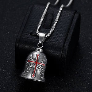 Biker style stainless steel bell pendant necklace with red cross and angel wings details