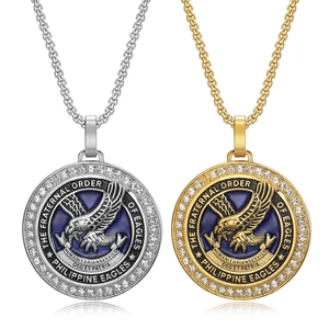 Vintage Stainless Steel Eagle Pendant Necklace For Men Women Fraternal Order Medal Rhinestone Round Charm Jewelry Gift