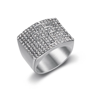 Polished silver stainless steel hiphop ring for men with iced out cross design