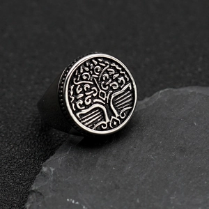 Vintage stainless steel Tree of Life signet ring for men with Viking Nordic jewelry design