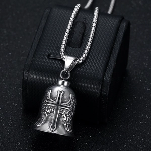 Stainless steel biker angel wing cross bell pendant with box chain for men