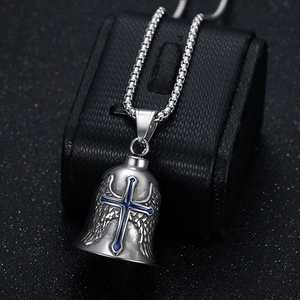 Motorcycle style stainless steel angel wings cross bell pendant with blue enamel detailing