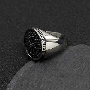 Men's Viking Tree of Life signet ring in polished stainless steel on stone base