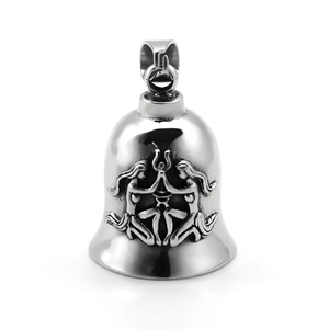 Polished stainless steel biker bell pendant with zodiac Gemini relief on white background