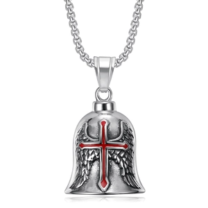 Vintage stainless steel biker bell pendant with red cross and angel wings detail