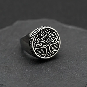 Men's vintage stainless steel signet ring with Yggdrasil Tree of Life engraving