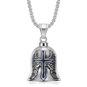 Detailed close-up of a biker style stainless steel bell pendant with blue cross and wings