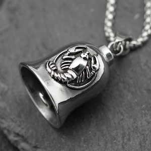 Retro stainless steel biker bell pendant with scorpion relief on box chain necklace