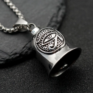 Polished stainless steel Eye of Horus bell pendant necklace on black stone background
