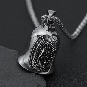 Vintage Stainless Steel Virgin Mary Lucky Bell Pendant Necklace For Men Biker Punk Jewelry Religious Guardian Bell Charm Gift