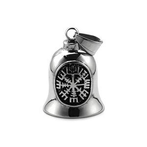 Vintage stainless steel Viking compass bell pendant with a polished silver finish
