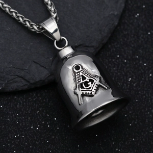 Retro Men Stainless Steel Bell Pendant Necklace Freemasonry Masonic Symbol Biker Punk Style Polished Silver Tone Jewelry