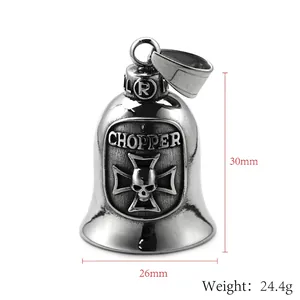 Vintage stainless steel biker bell pendant with chopper skull and cross engravings