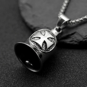 Vintage stainless steel biker bell necklace with maltese cross pendant on stone
