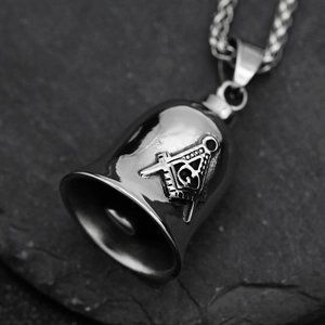 Vintage stainless steel Masonic bell pendant with G symbol on black stone background
