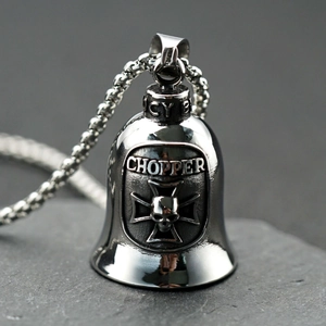 Stainless Steel Biker Guardian Bell Pendant Necklace Retro Punk Skull Cross Chopper Motorcycle Riding Jewelry For Men