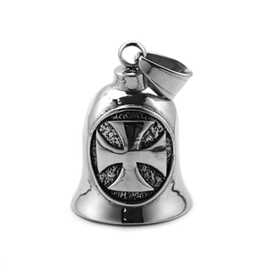 Vintage stainless steel biker bell pendant with embossed iron cross and polished finish