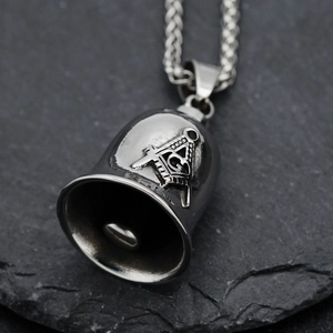 Vintage stainless steel Freemasonry bell pendant necklace with woven chain on slate