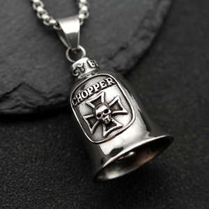 Retro stainless steel chopper bell pendant with iron cross and skull on biker chain