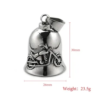 Vintage stainless steel biker bell pendant with motorcycle relief, size 30mm x 26mm
