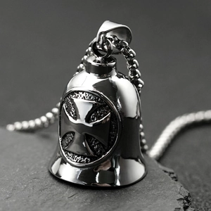 Stainless Steel Retro Punk Maltese Cross Bell Pendant Necklace For Men Gothic Biker Guard Bell Necklace Steel Color Vintage Jewelry